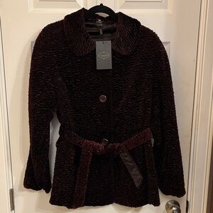 1 Madison Deep Burgundy Brown Embossed Velvet Belted Jacket Coat Outerwear